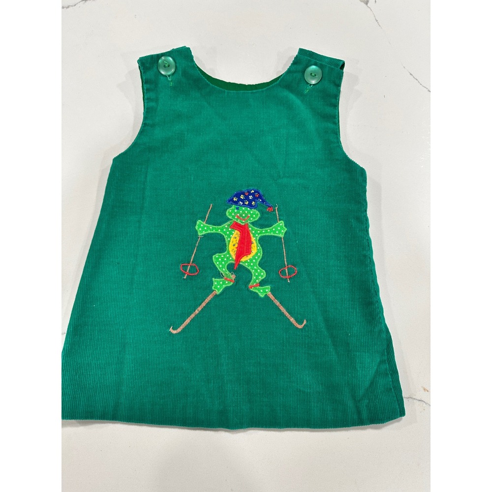 Vintage The Pond Green Corduroy Dress 2T Skiing Frog Embroidered‎ Applique